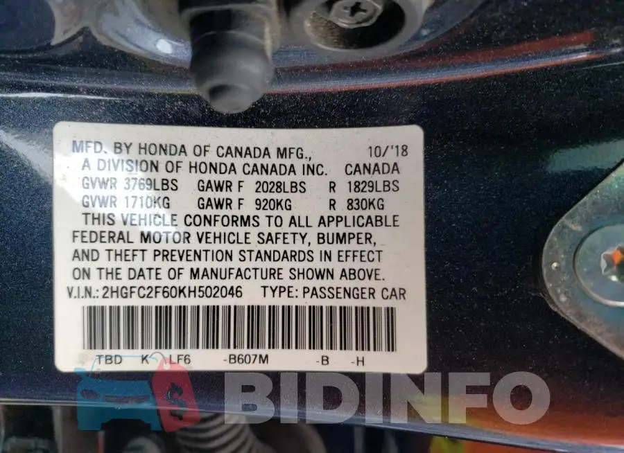2HGFC2F60KH502046 Photo# 12