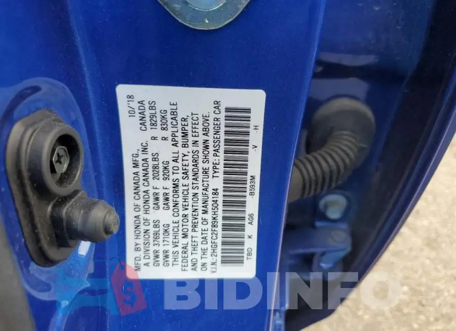 2HGFC2F89KH504184 Photo# 12