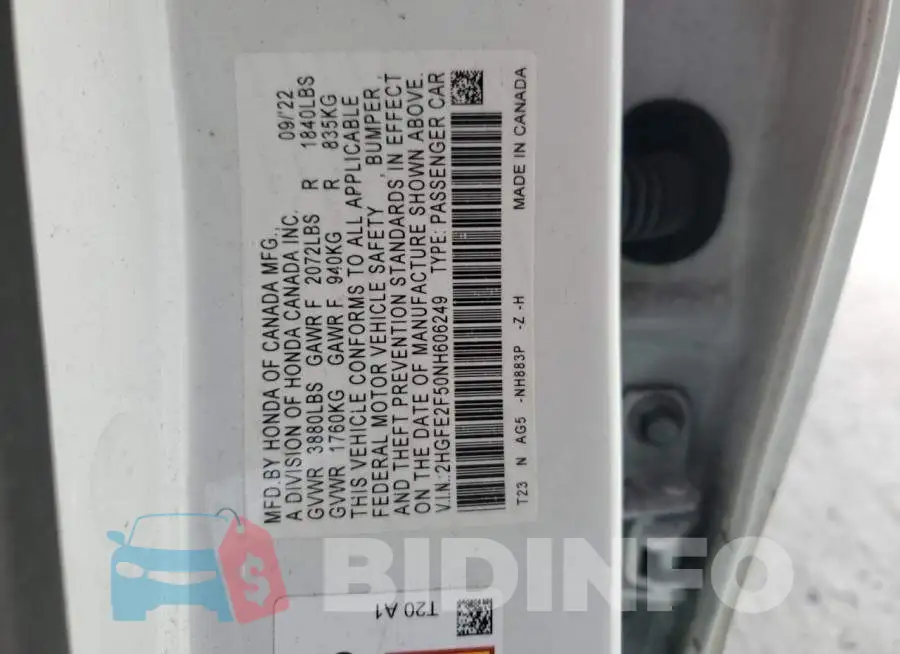 2HGFE2F50NH606249 Photo# 13