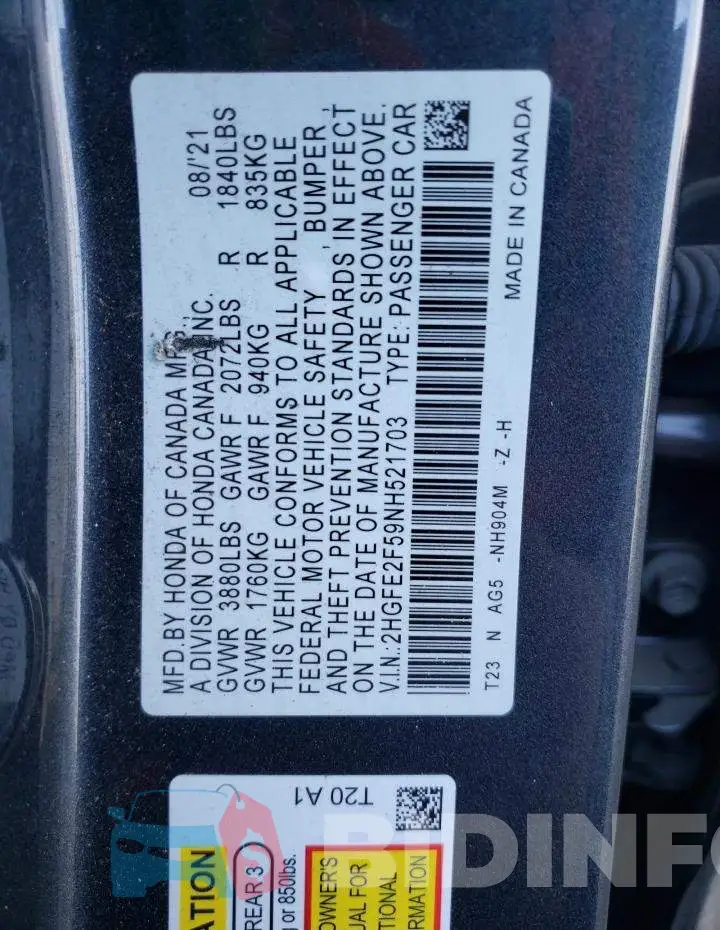 2HGFE2F59NH521703 Photo# 13