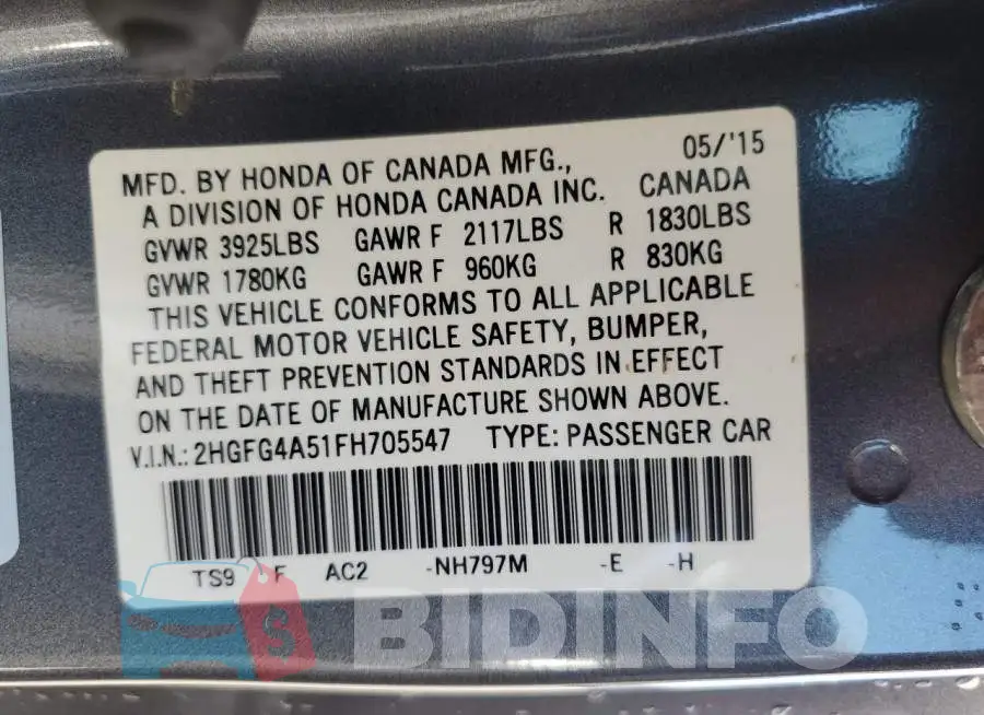 2HGFG4A51FH705547 Photo# 12