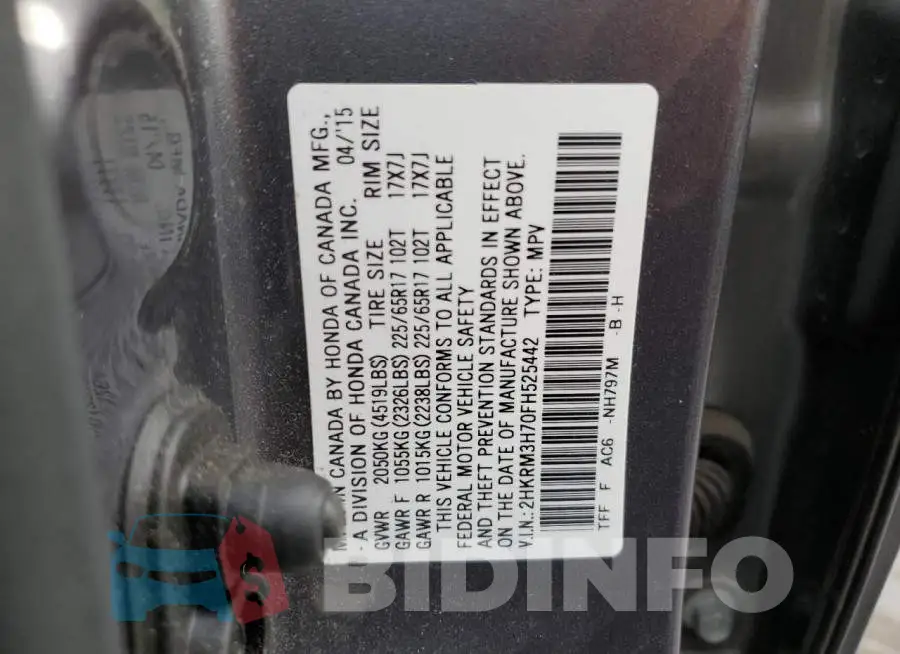 2HKRM3H70FH525442 Photo# 13