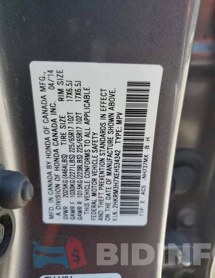 2HKRM3H7XEH534342 Photo# 13
