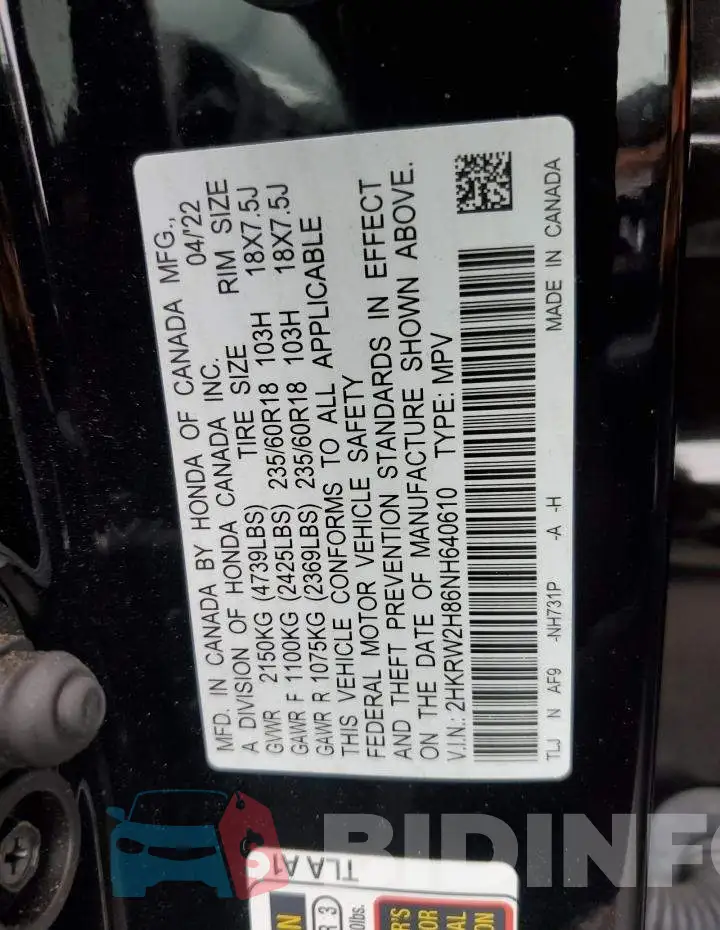 2HKRW2H86NH640610 Photo# 13