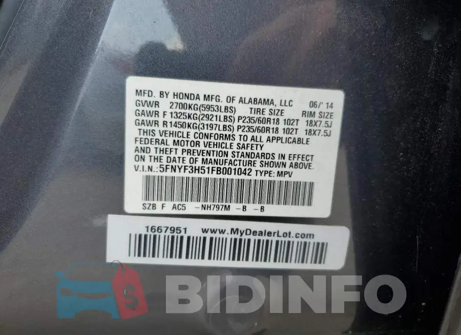 5FNYF3H51FB001042 Photo# 13