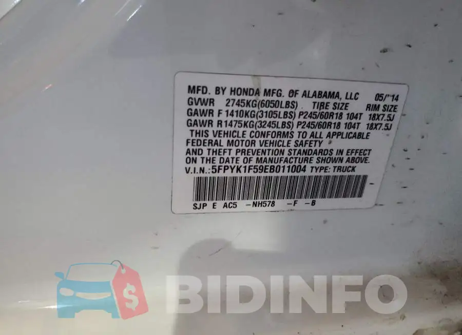 5FPYK1F59EB011004 Photo# 12