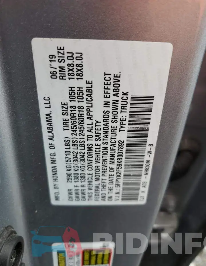 5FPYK2F59KB007892 Photo# 12