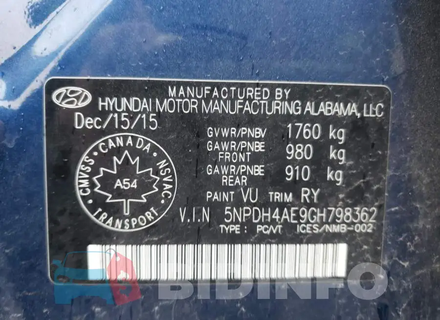 5NPDH4AE9GH798362 Photo# 12