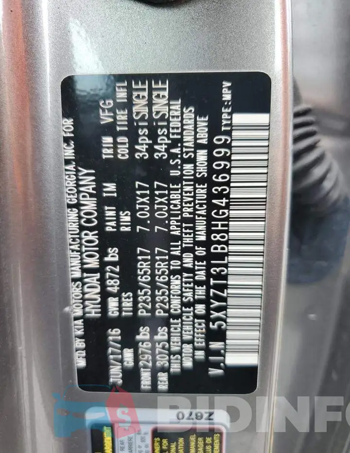 5XYZT3LB8HG436999 Photo# 14