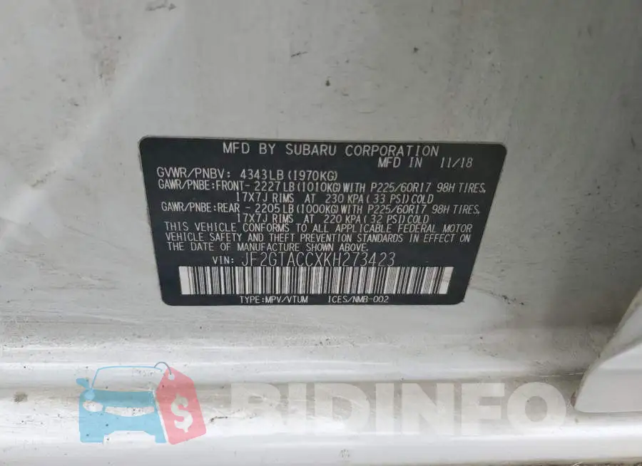 JF2GTACCXKH273423 Photo# 12