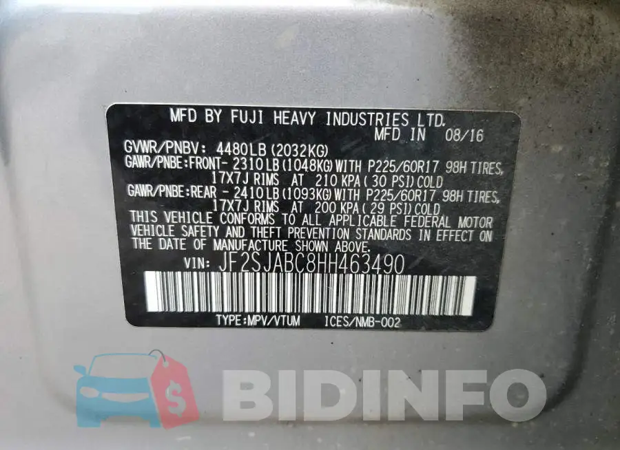 JF2SJABC8HH463490 Photo# 14
