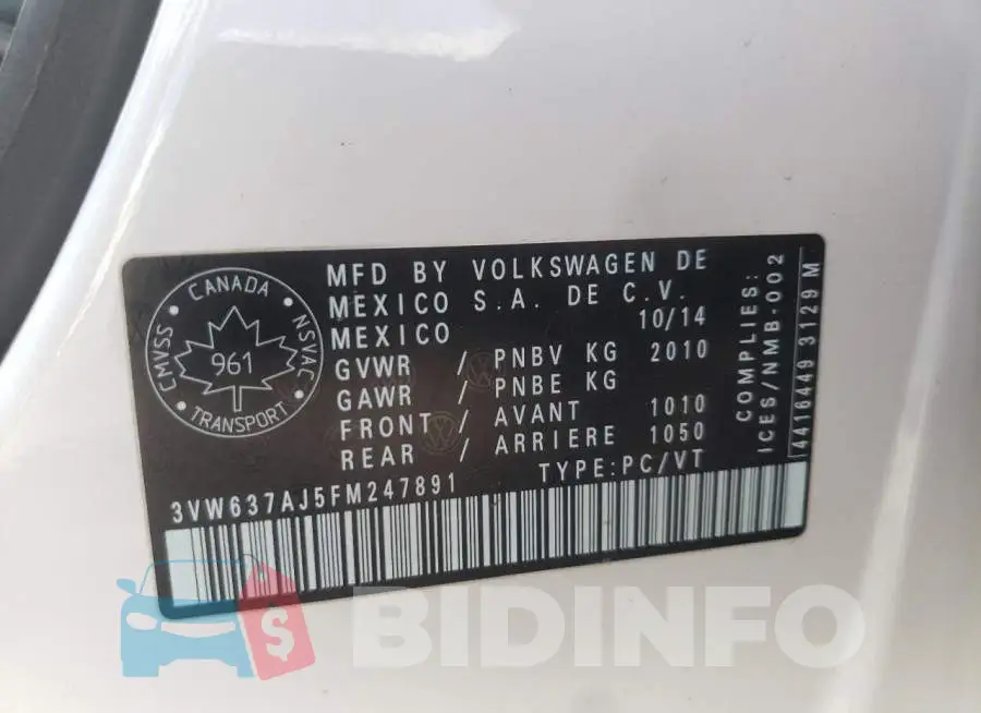 3VW637AJ5FM247891 Photo# 12