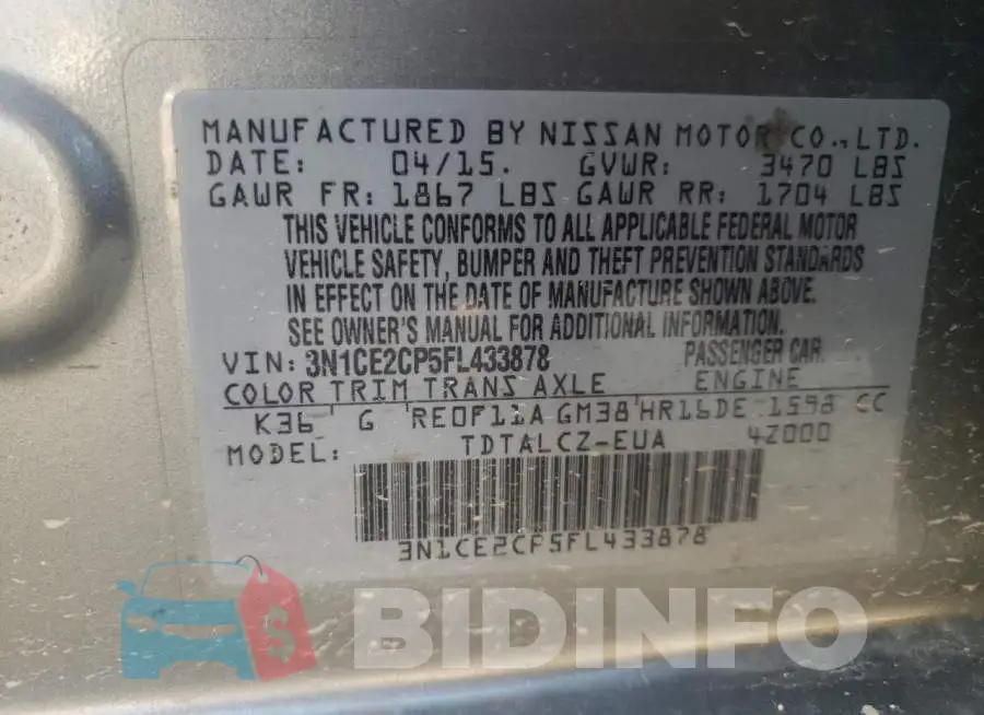 3N1CE2CP5FL433878 Photo# 12