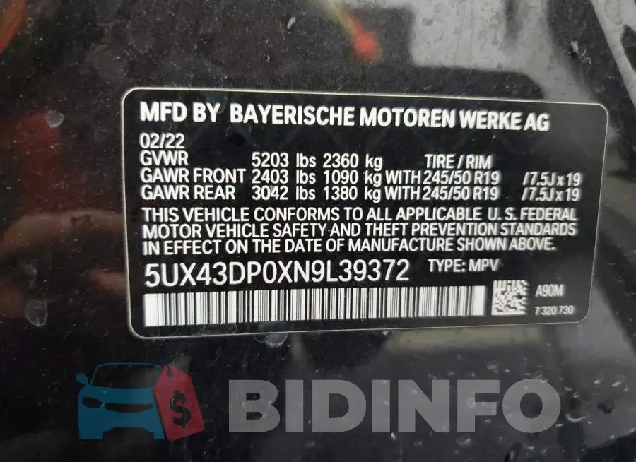 5UX43DP0XN9L39372 Photo# 13