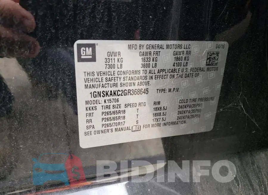 1GNSKAKC2GR368645 Photo# 10