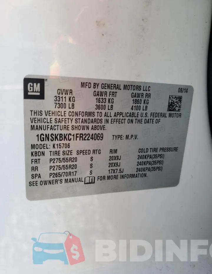 1GNSKBKC1FR224069 Photo# 14