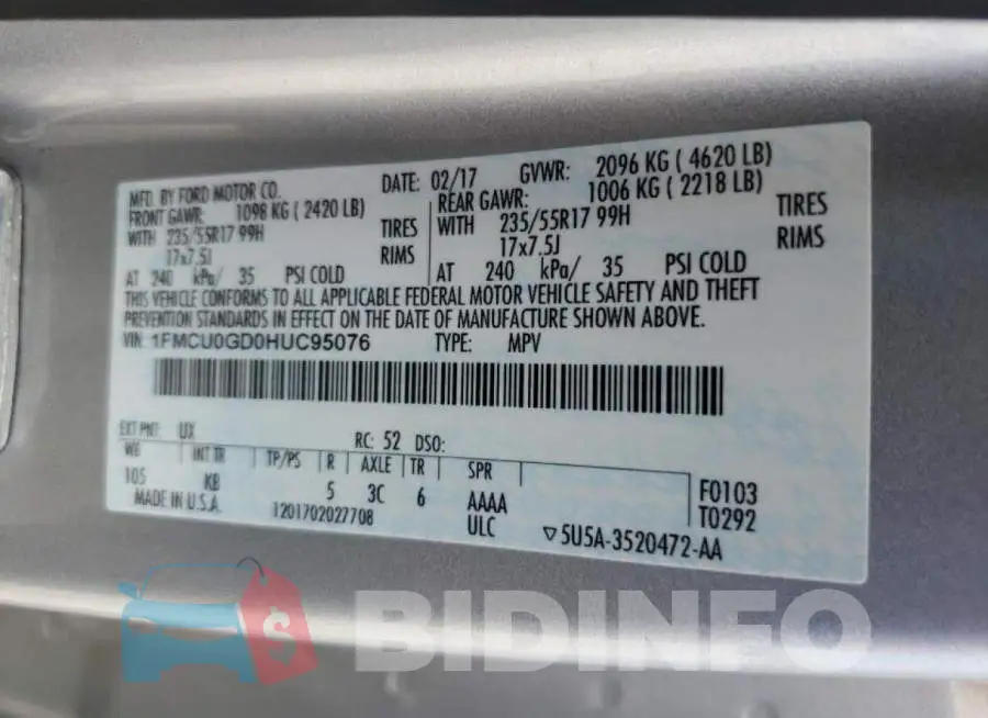 1FMCU0GD0HUC95076 Photo# 12