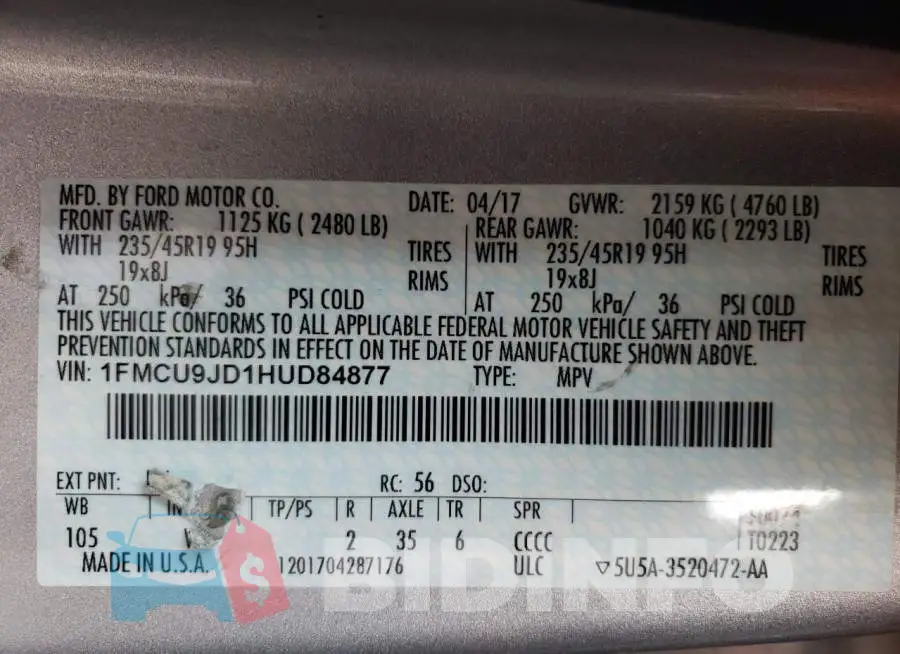 1FMCU9JD1HUD84877 Photo# 14