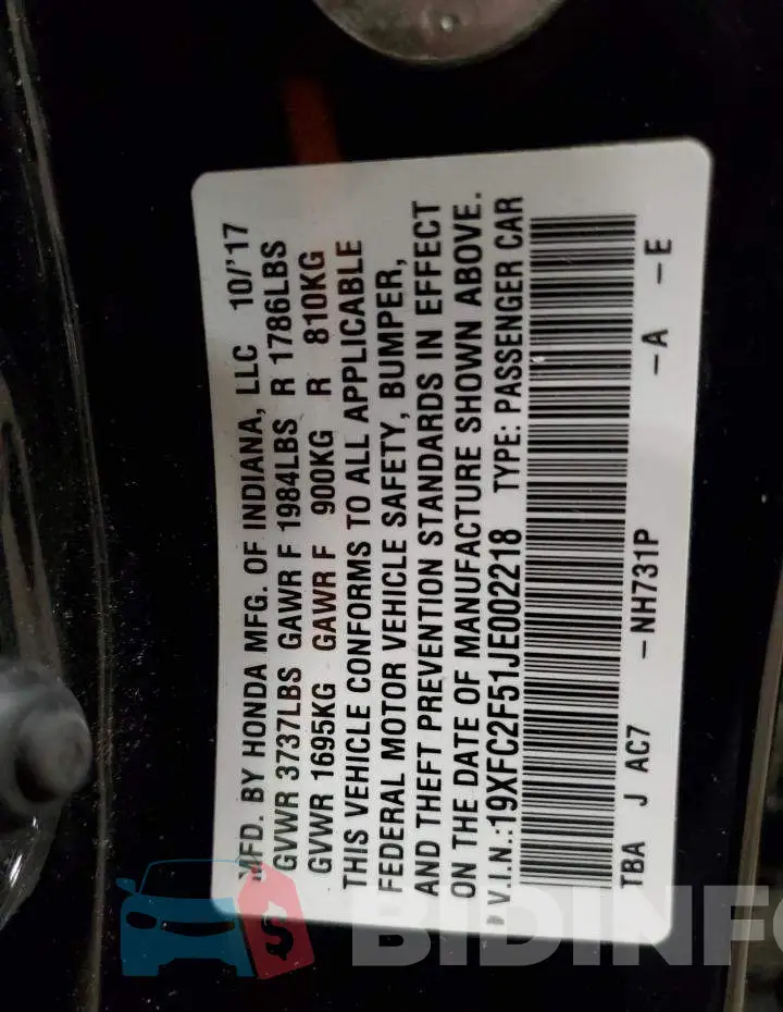 19XFC2F51JE002218 Photo# 12