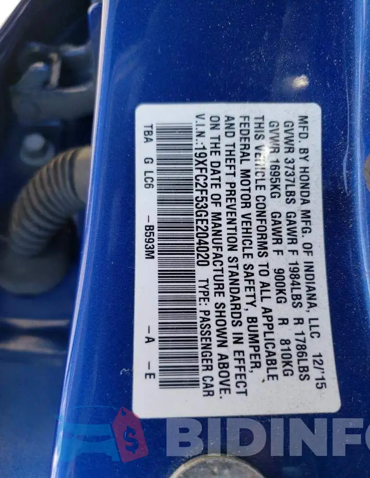 19XFC2F53GE204020 Photo# 12
