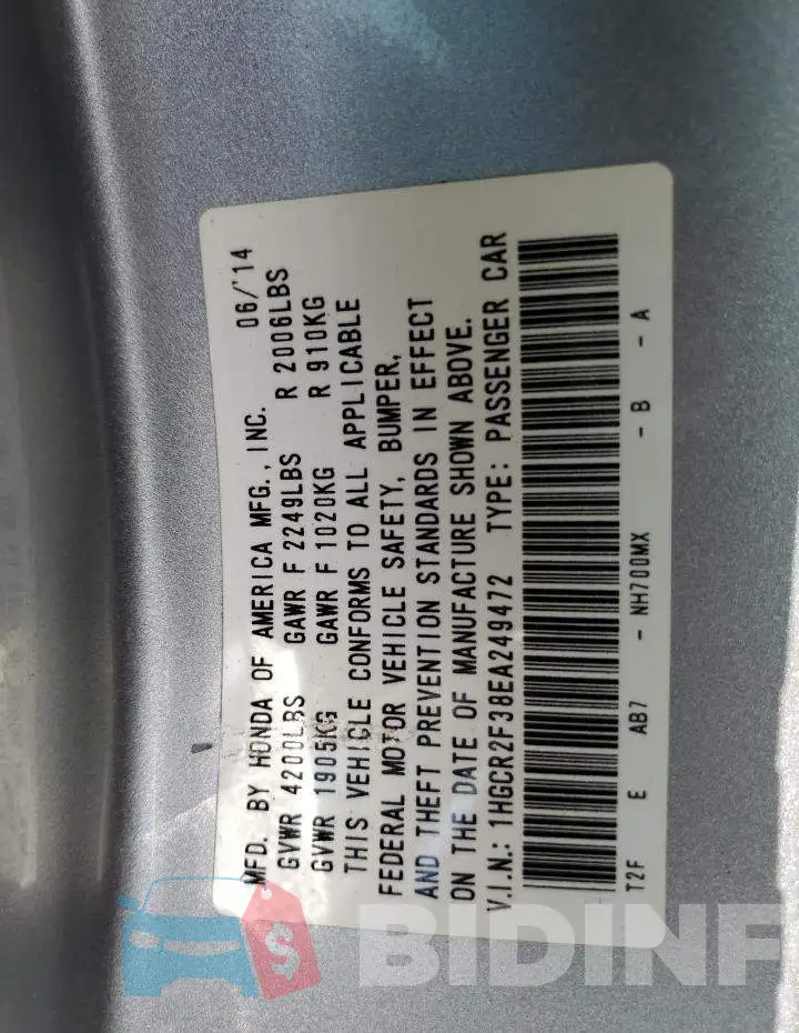1HGCR2F38EA249472 Photo# 12