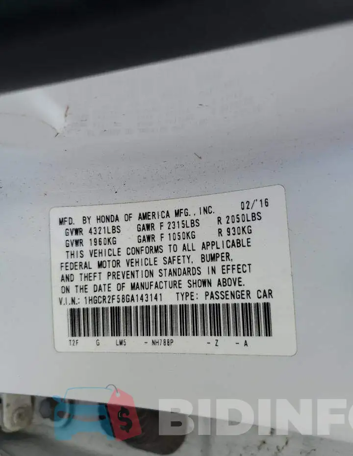 1HGCR2F58GA143141 Photo# 12