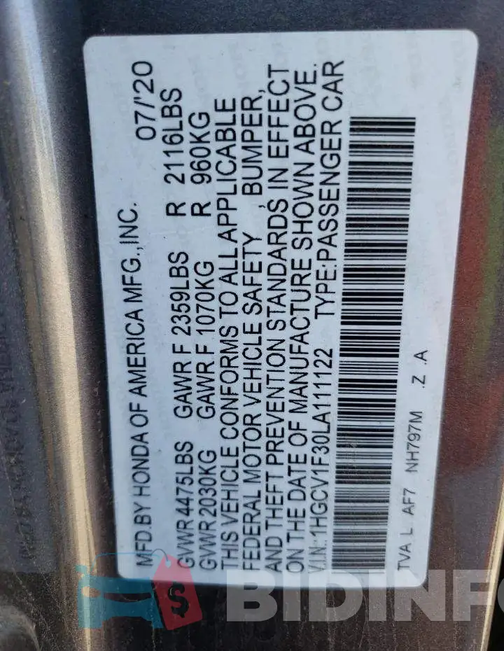 1HGCV1F30LA111122 Photo# 12