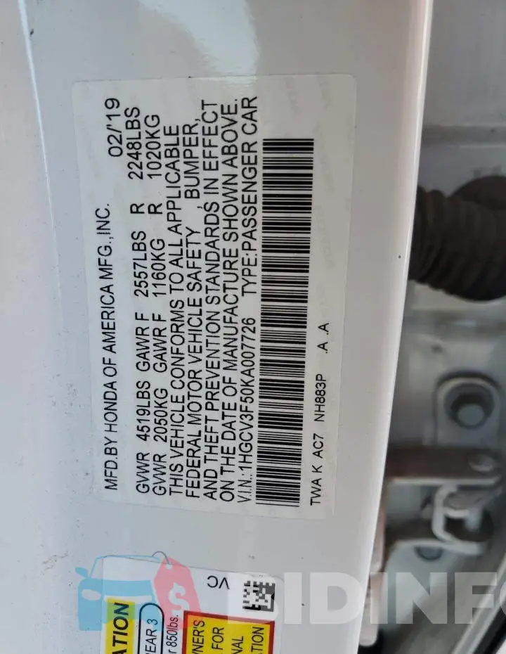 1HGCV3F50KA007726 Photo# 13