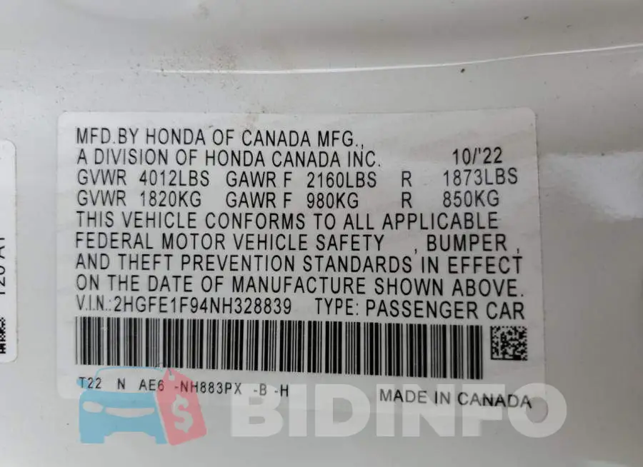 2HGFE1F94NH328839 Photo# 12
