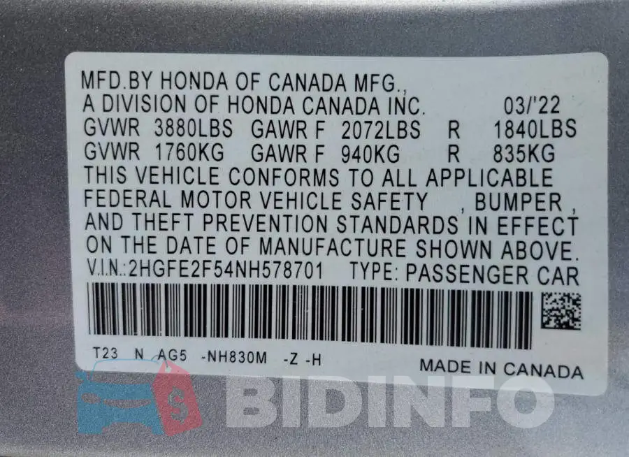 2HGFE2F54NH578701 Photo# 12