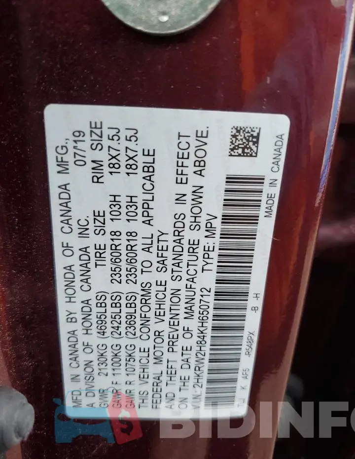 2HKRW2H84KH650712 Photo# 13