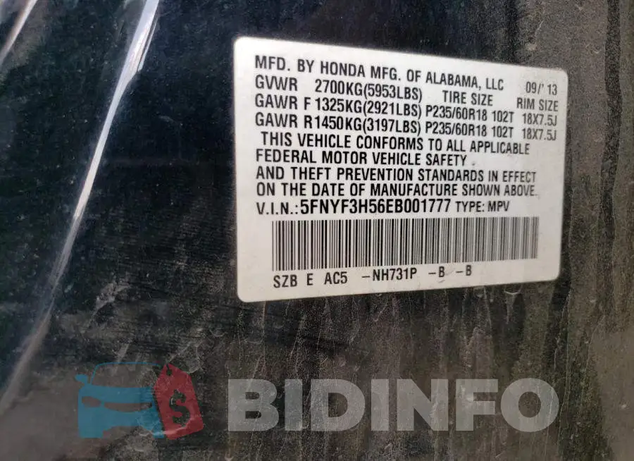 5FNYF3H56EB001777 Photo# 14