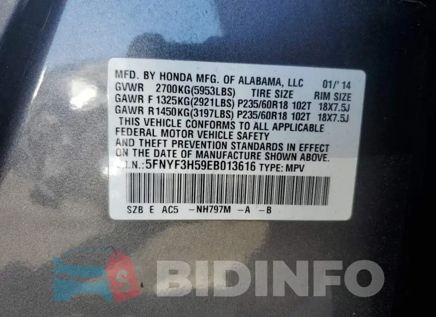 5FNYF3H59EB013616 Photo# 13