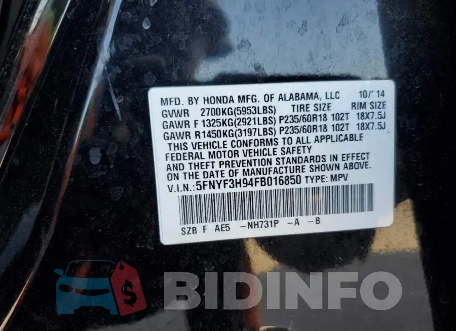 5FNYF3H94FB016850 Photo# 14
