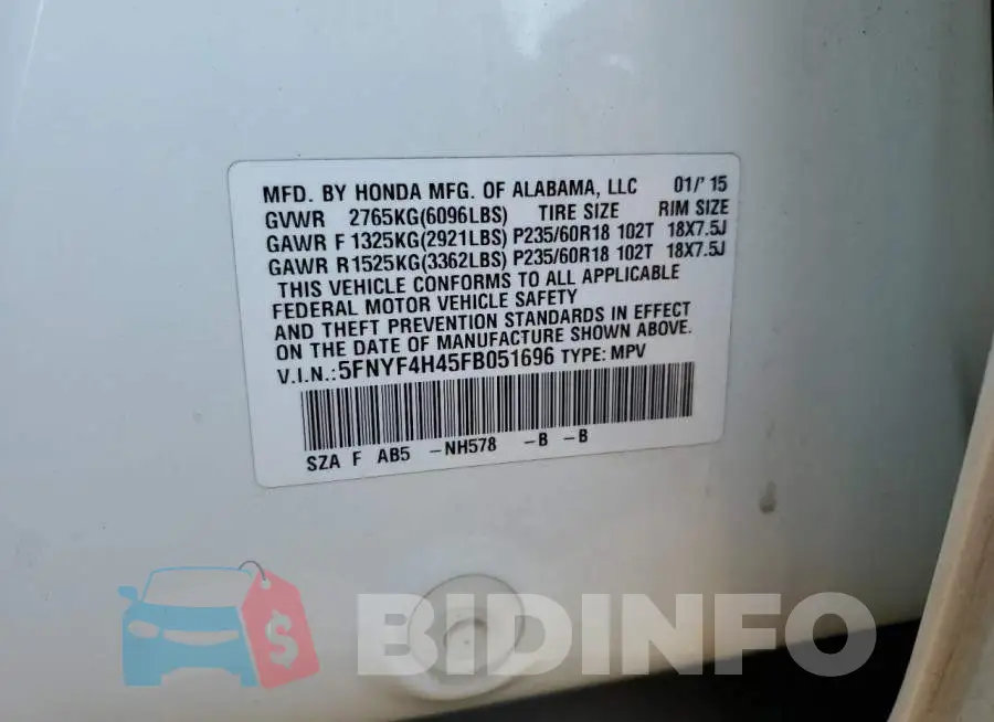 5FNYF4H45FB051696 Photo# 14