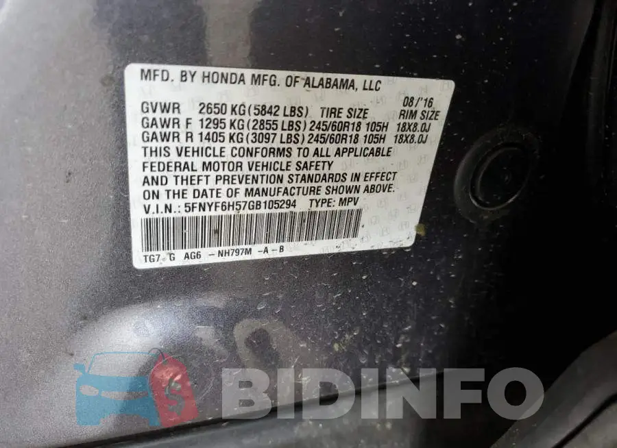 5FNYF6H57GB105294 Photo# 13