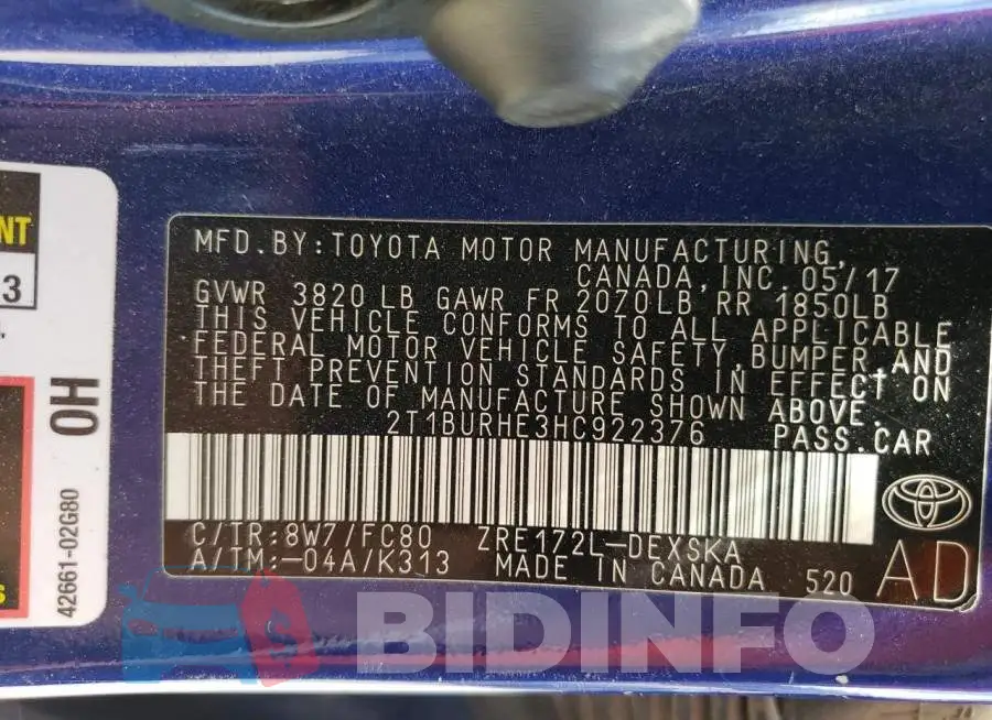 2T1BURHE3HC922376 Photo# 12