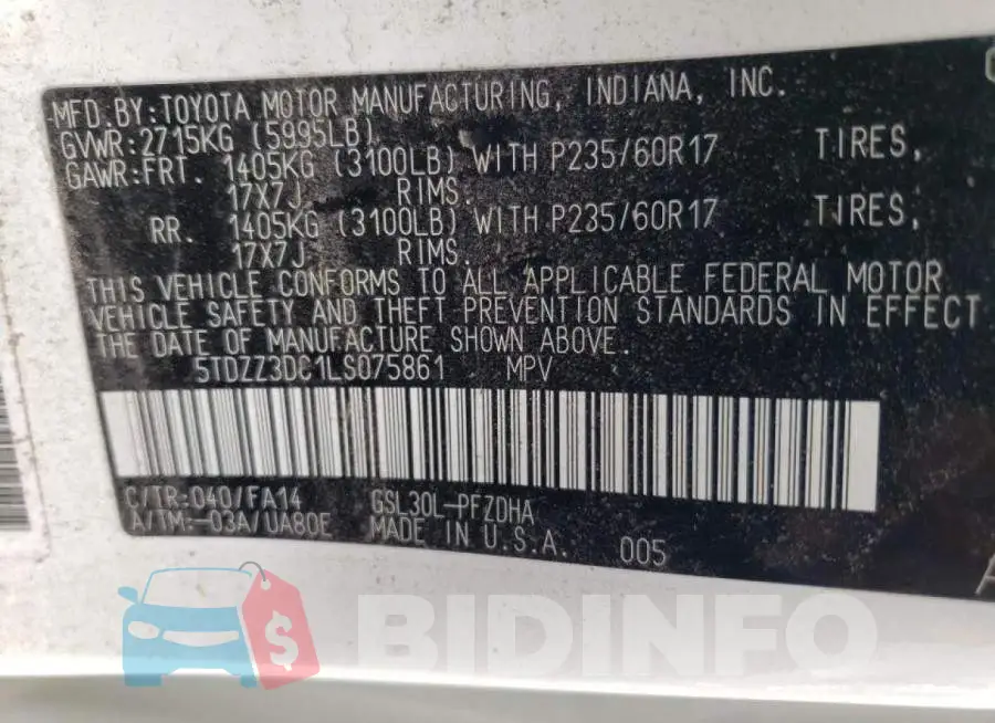 5TDZZ3DC1LS075861 Photo# 10