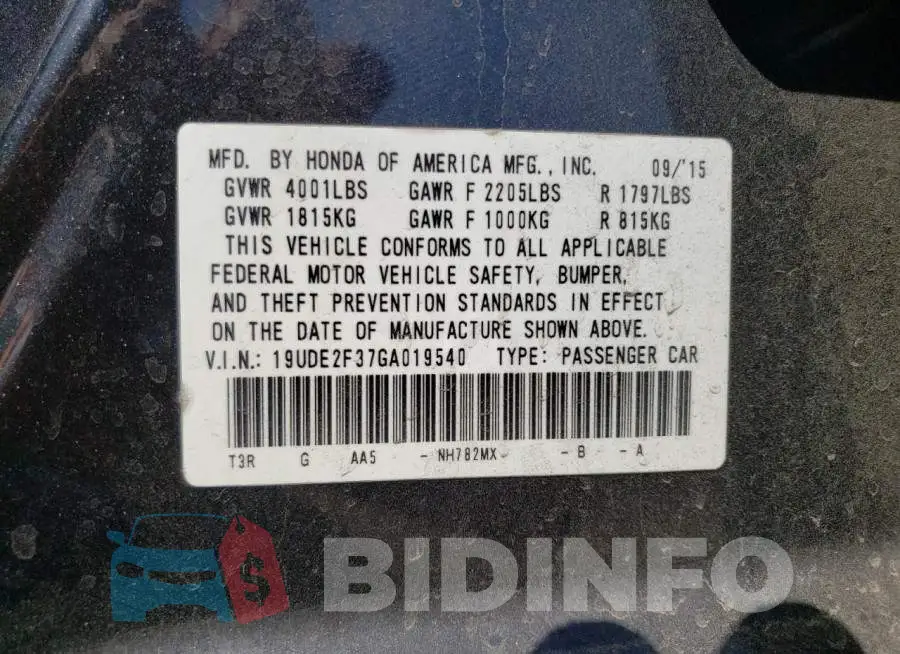 19UDE2F37GA019540 Photo# 12