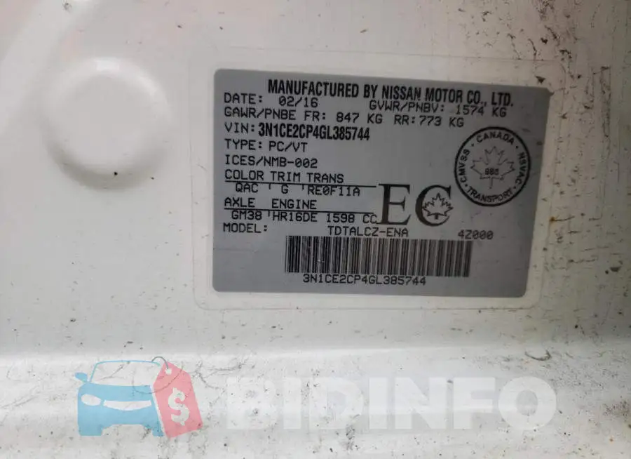 3N1CE2CP4GL385744 Photo# 13