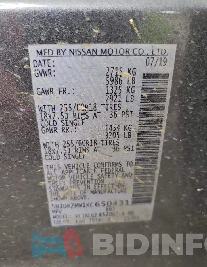 5N1DR2MN1KC650431 Photo# 13