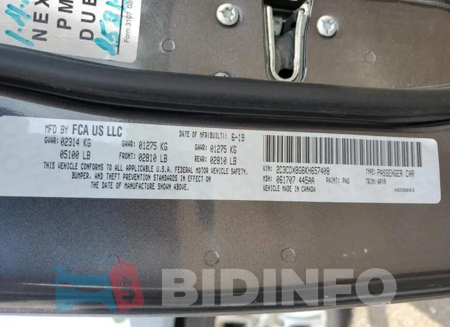 2C3CDXBG6KH657408 Photo# 12