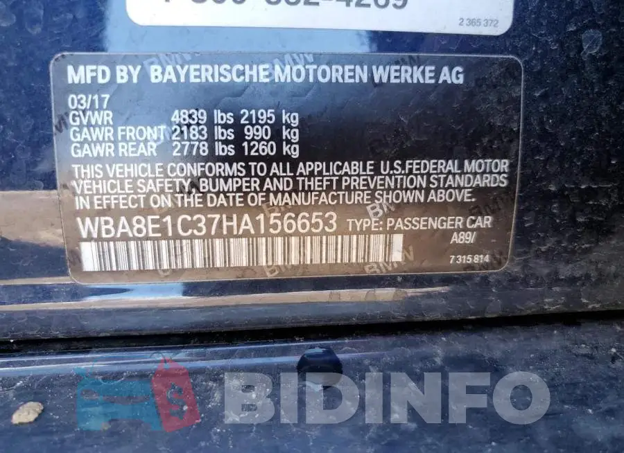 WBA8E1C37HA156653 Photo# 12