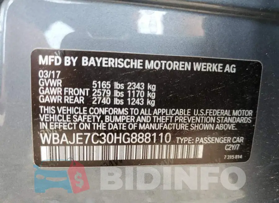 WBAJE7C30HG888110 Photo# 13