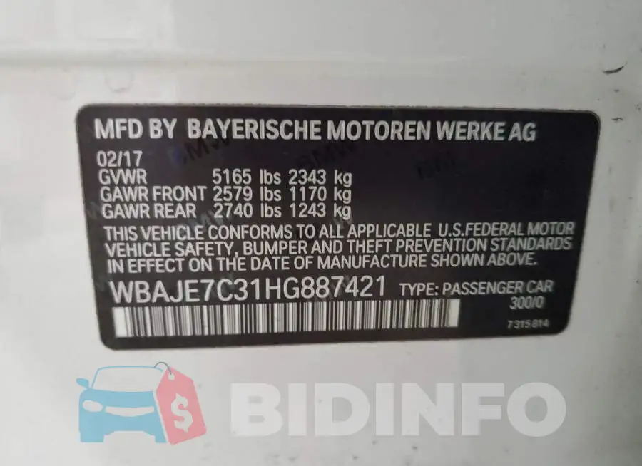 WBAJE7C31HG887421 Photo# 13