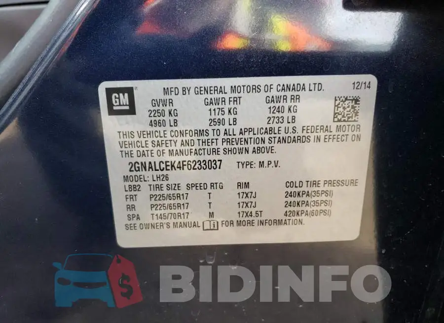 2GNALCEK4F6233037 Photo# 14