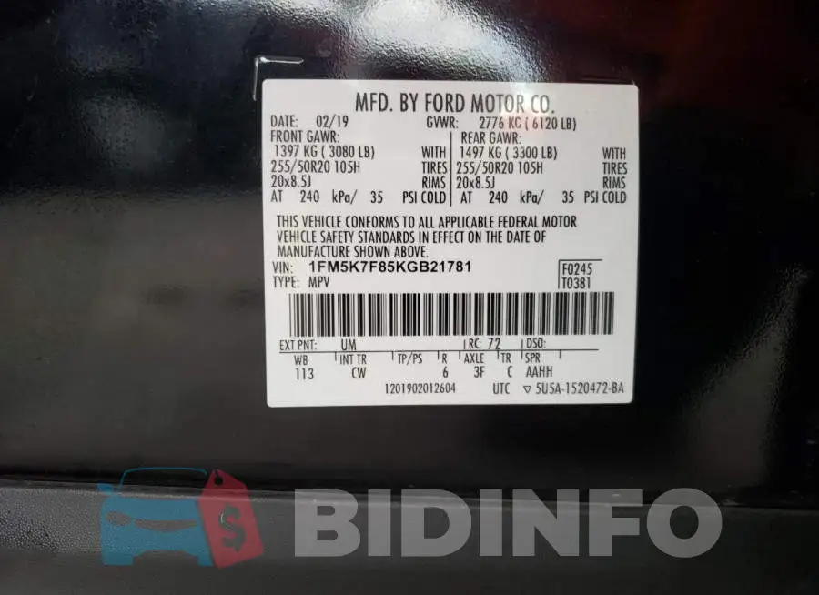 1FM5K7F85KGB21781 Photo# 13