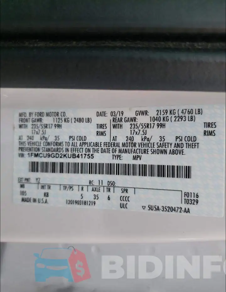 1FMCU9GD2KUB41755 Photo# 9