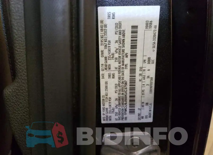 1FMCU9J9XKUC37587 Photo# 12
