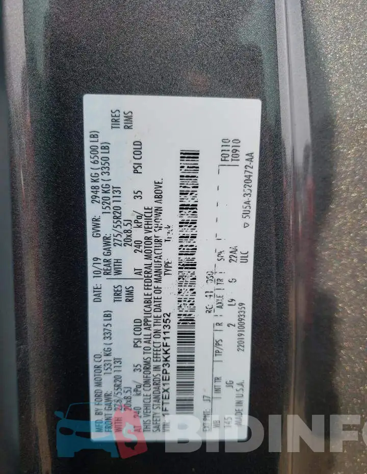 1FTEX1EP3KKF11352 Photo# 12